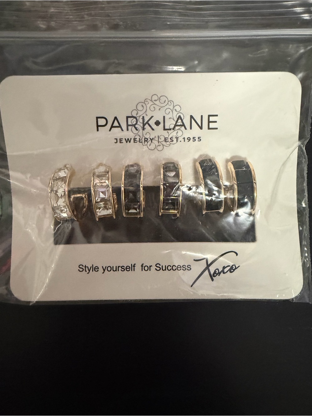 Park Lane Gold-Tone Huggie Earring Set with Black Enamel and Clear Stones